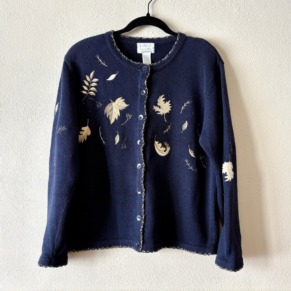 Vintage Christopher & Banks hand-embroidered cardigan sweater navy & gold leaves